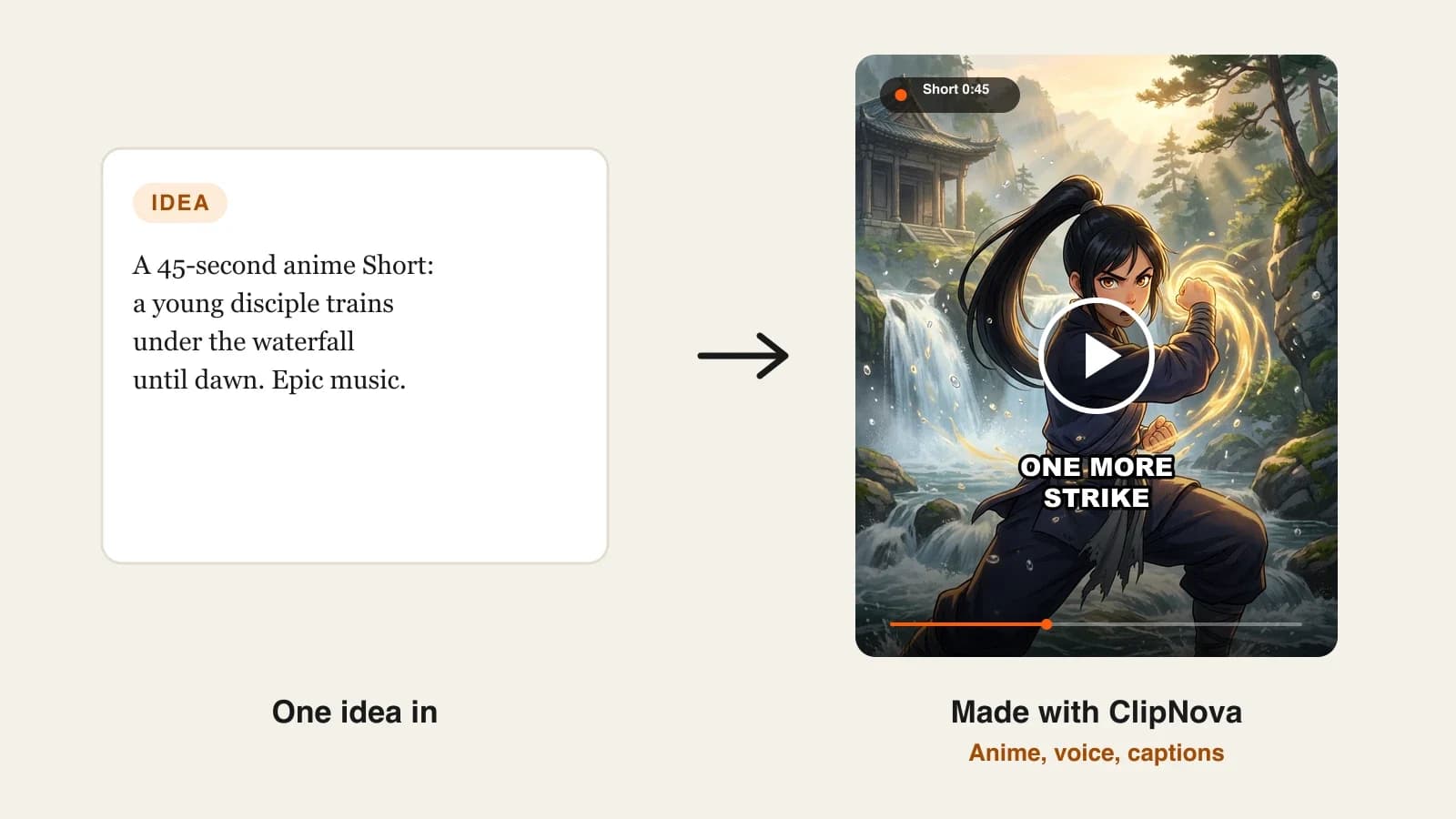 Best AI anime video generators: an anime Short of a martial-arts disciple training under a waterfall at dawn