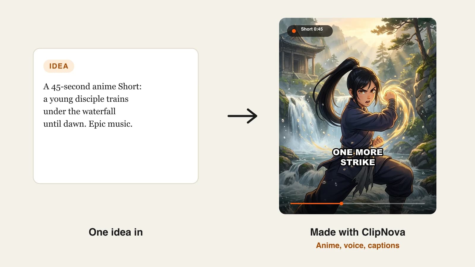 Best AI anime video generators: an anime Short of a martial-arts disciple training under a waterfall at dawn