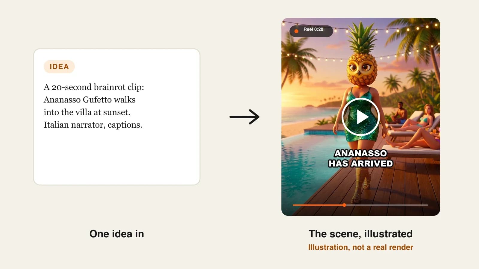 Best AI brainrot video generators: a pineapple-owl brainrot character walking into a beach villa at sunset