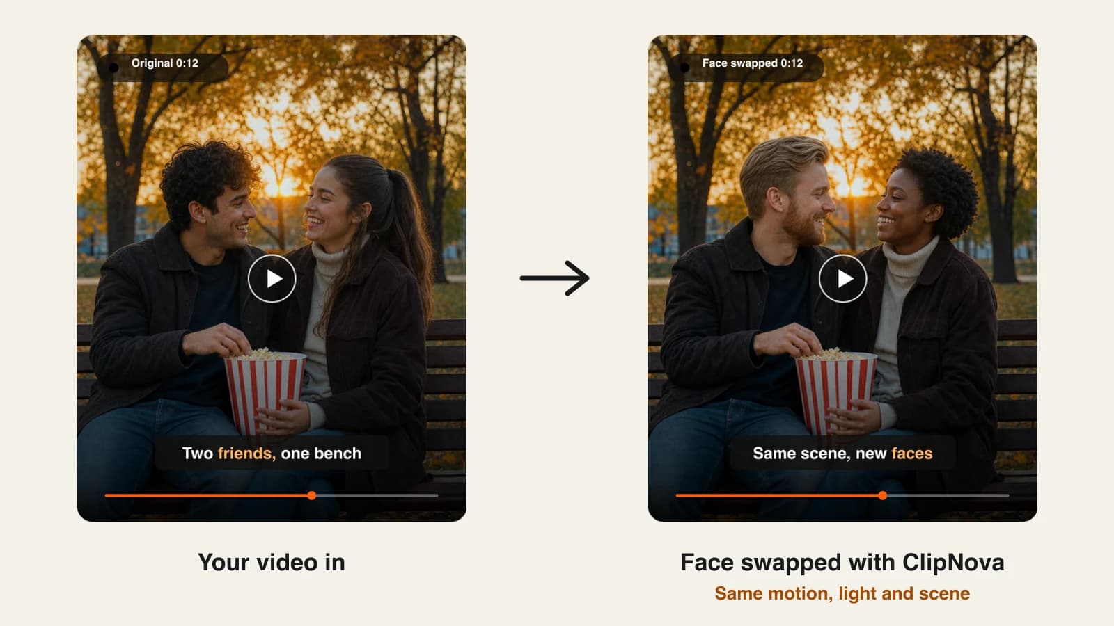 AI face swap video: two friends with popcorn on a park bench, then the same scene with new faces swapped in by ClipNova