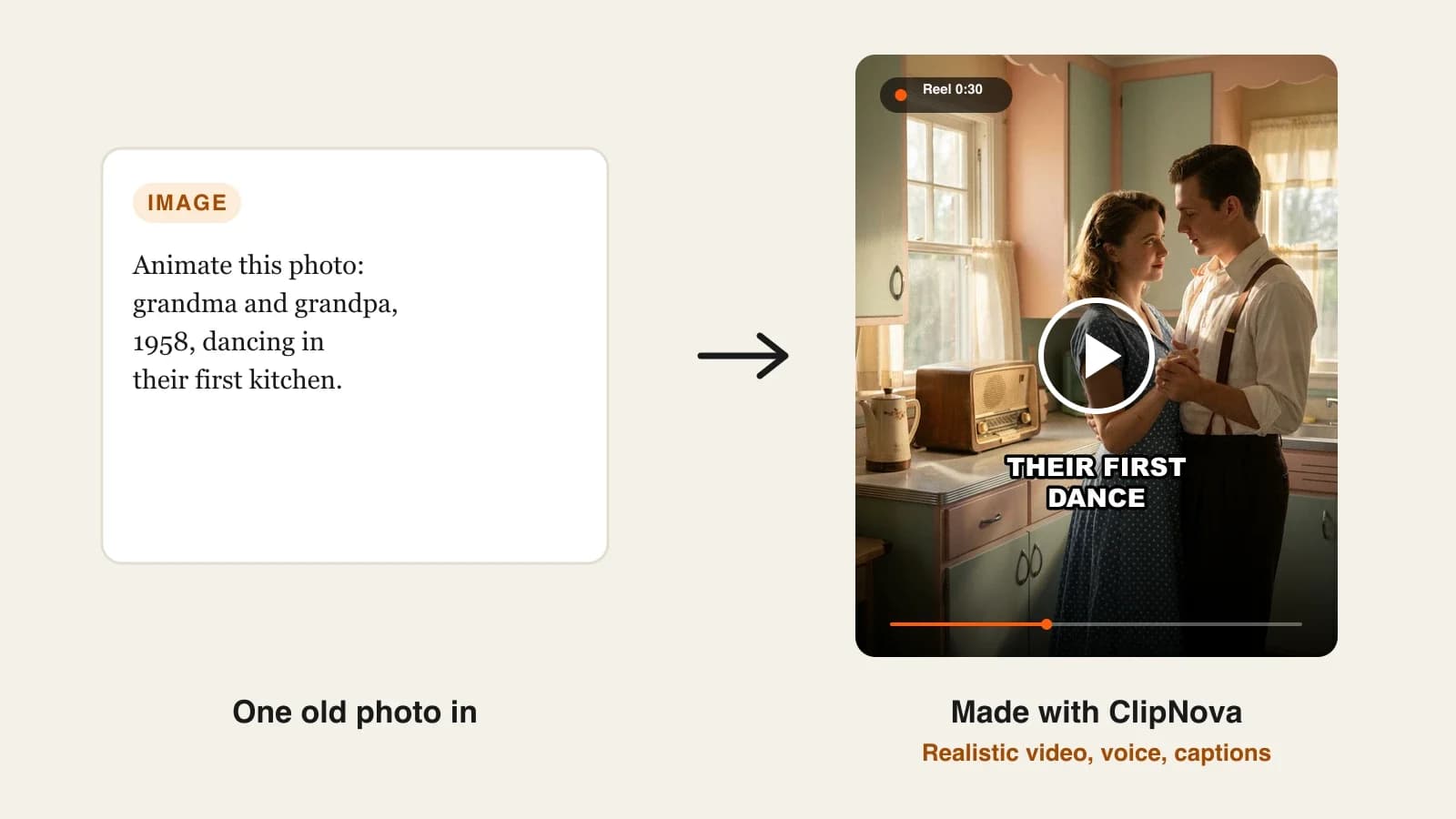 AI image to video generator: a 1958 photo of grandparents dancing in their kitchen brought to life as a Reel