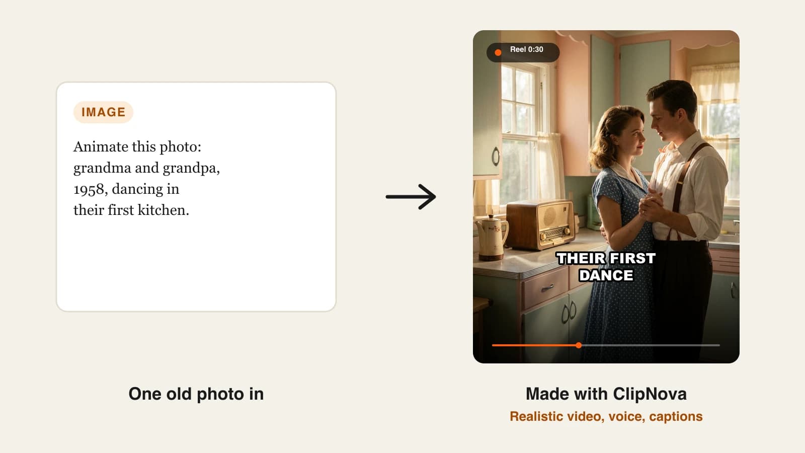 AI image to video generator: a 1958 photo of grandparents dancing in their kitchen brought to life as a Reel