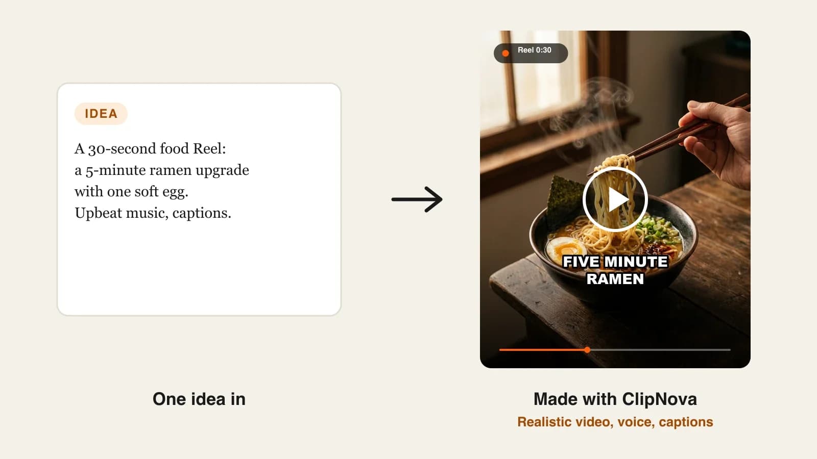 Ai reel generator: a food Reel of chopsticks lifting noodles from a steaming bowl of ramen, made with ClipNova