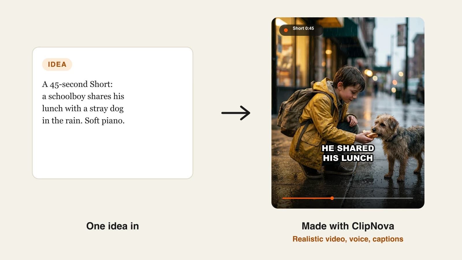 Ai shorts generator: a kindness Short of a boy in a raincoat sharing his lunch with a stray dog in the rain