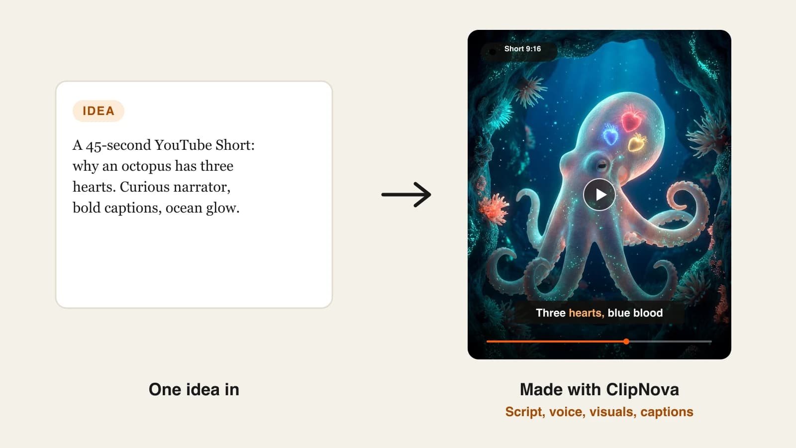 AI shorts generator: a one-line octopus idea turned into a captioned vertical YouTube Short made with ClipNova