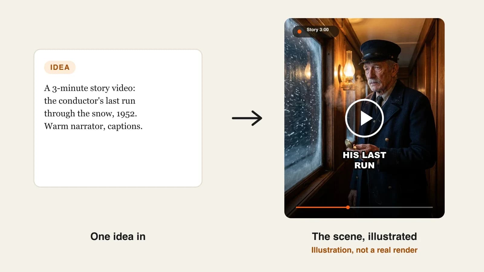 Best AI story video generators: a story video scene of an old train conductor on his last run through the snow