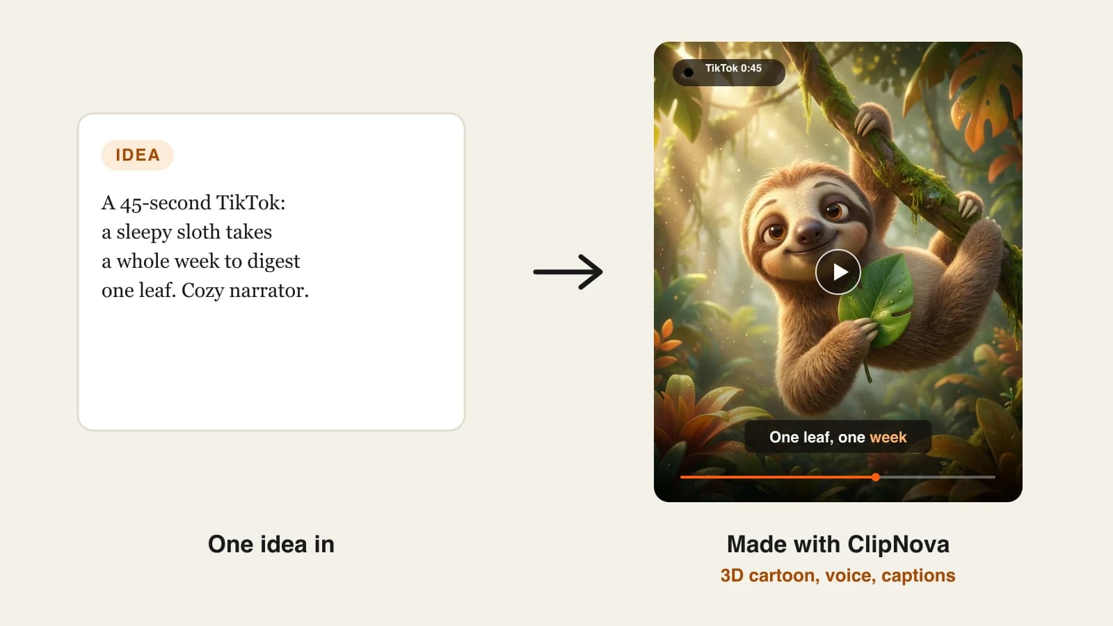 Ai tiktok video generator: a sleepy sloth holding one leaf, a 3D cartoon TikTok made with ClipNova from one idea