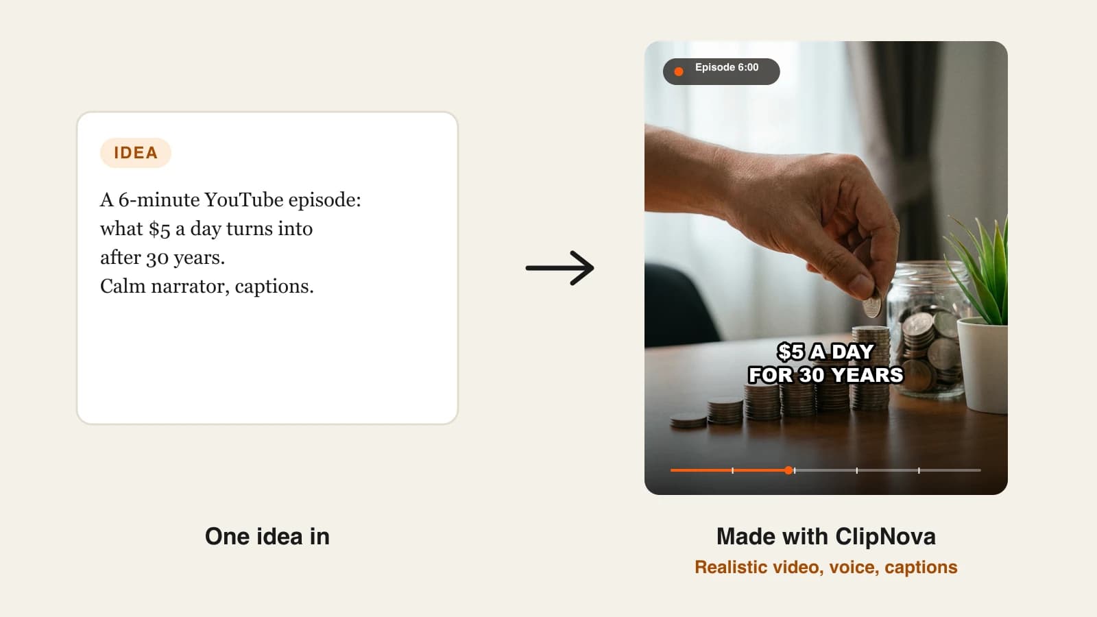 Best AI video generators for YouTube: a finance explainer episode of coin stacks growing taller, made with ClipNova