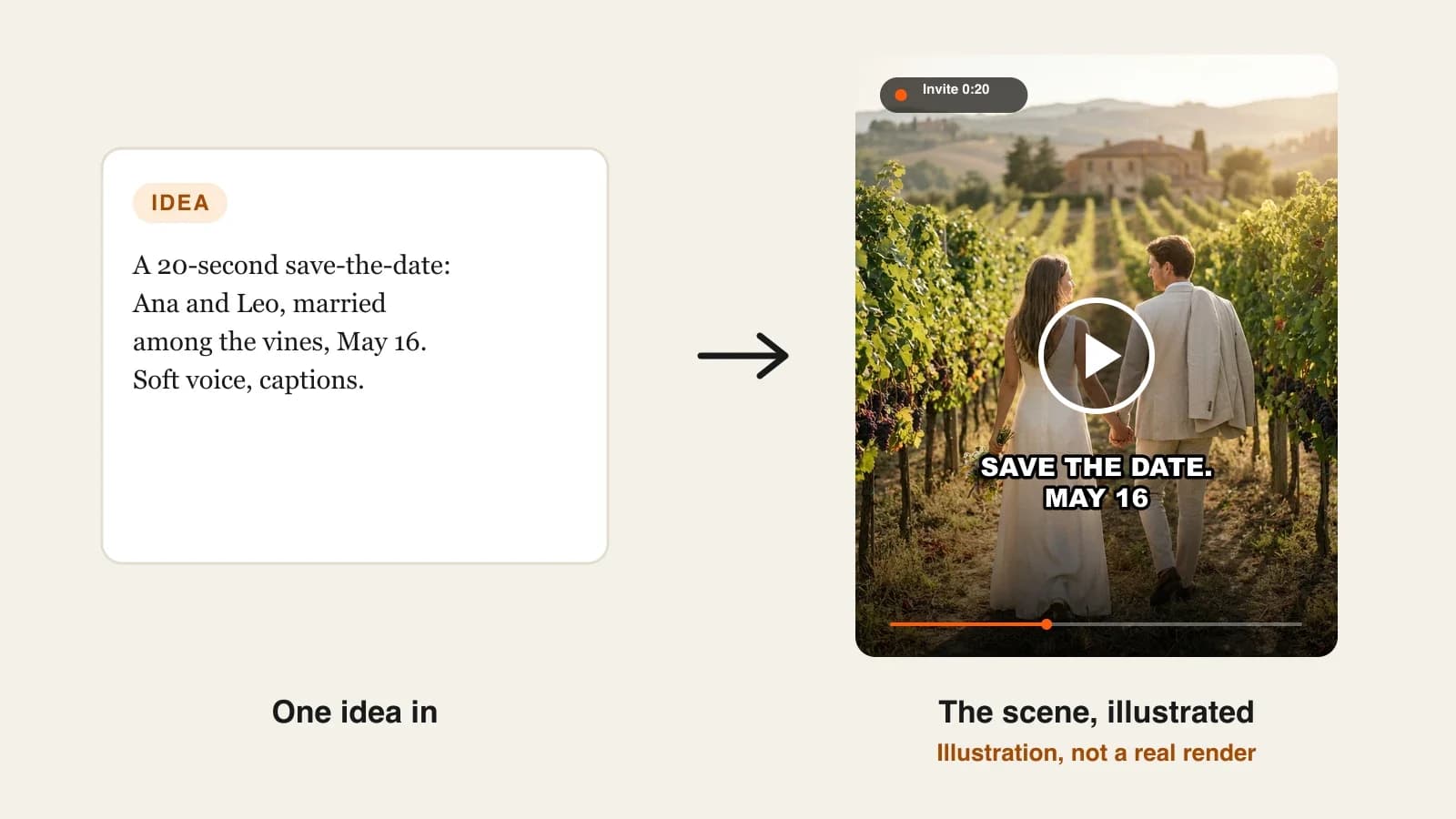 Best AI video invitation makers: a save-the-date video of a couple walking down a vineyard row at golden hour