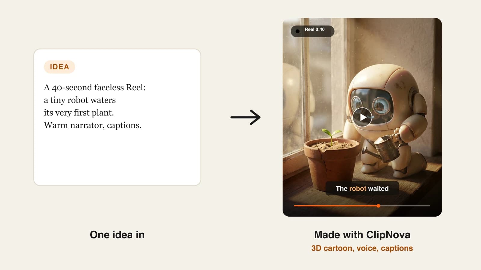 Faceless ai video generator: a tiny robot watering its first plant, a 3D cartoon Reel made with ClipNova from one idea