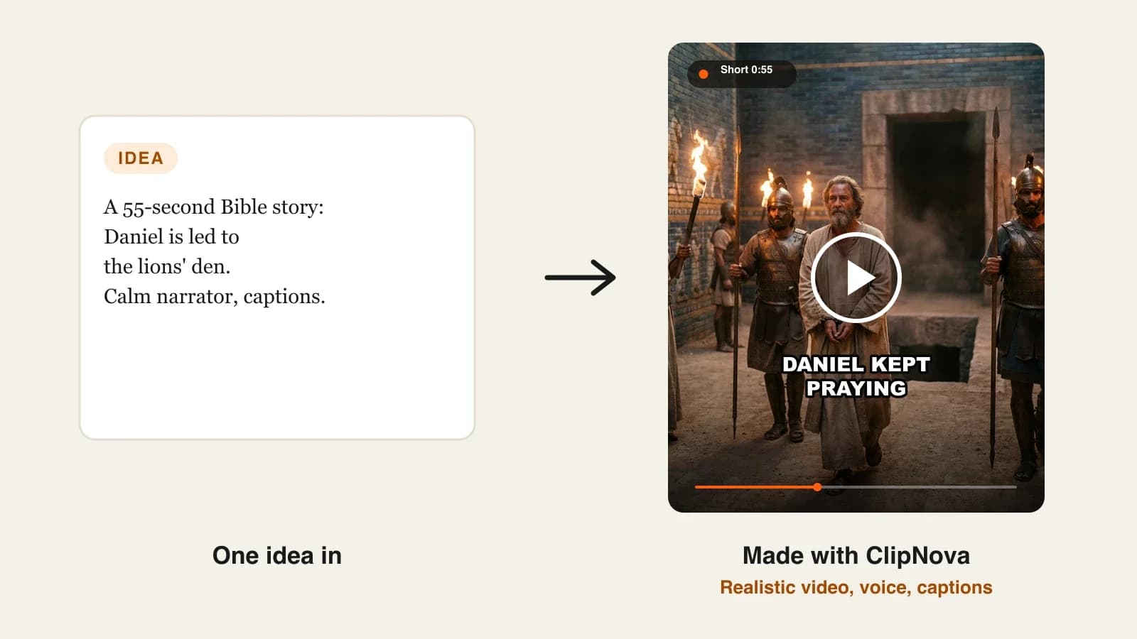 Faceless ai video generator: a Bible story Short of Daniel led by soldiers to the lions' den at dusk