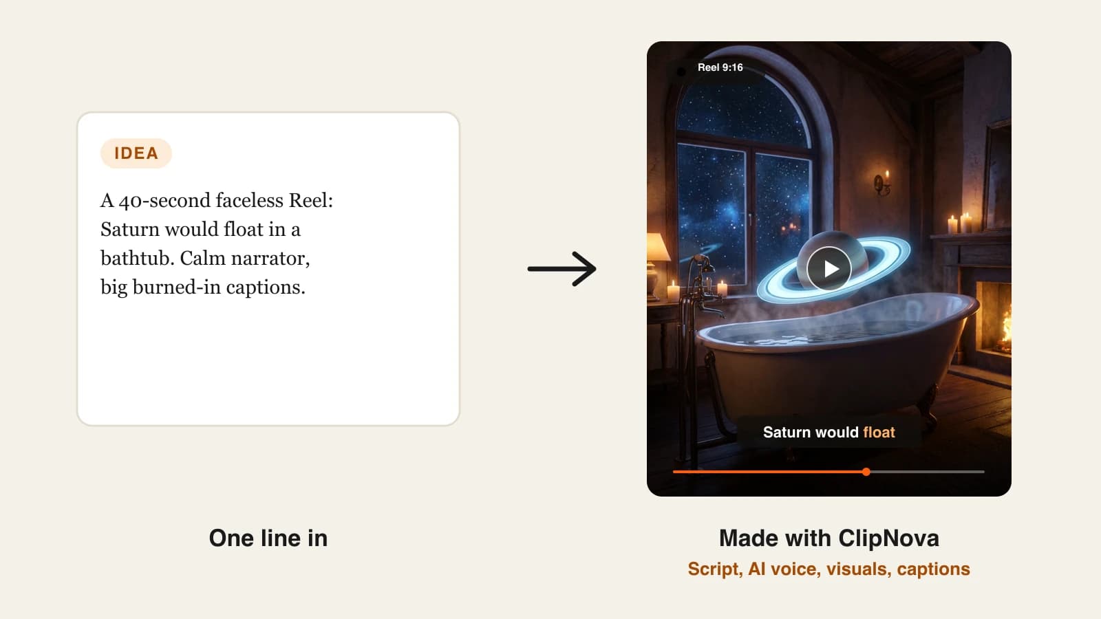 Faceless AI video generator: a one-line idea turned into a captioned Saturn space Reel made with ClipNova