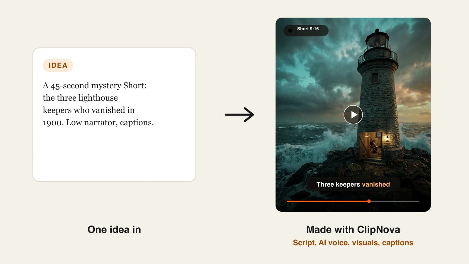 InVideo alternative: a one-line mystery idea turned into a captioned lighthouse Short made with ClipNova