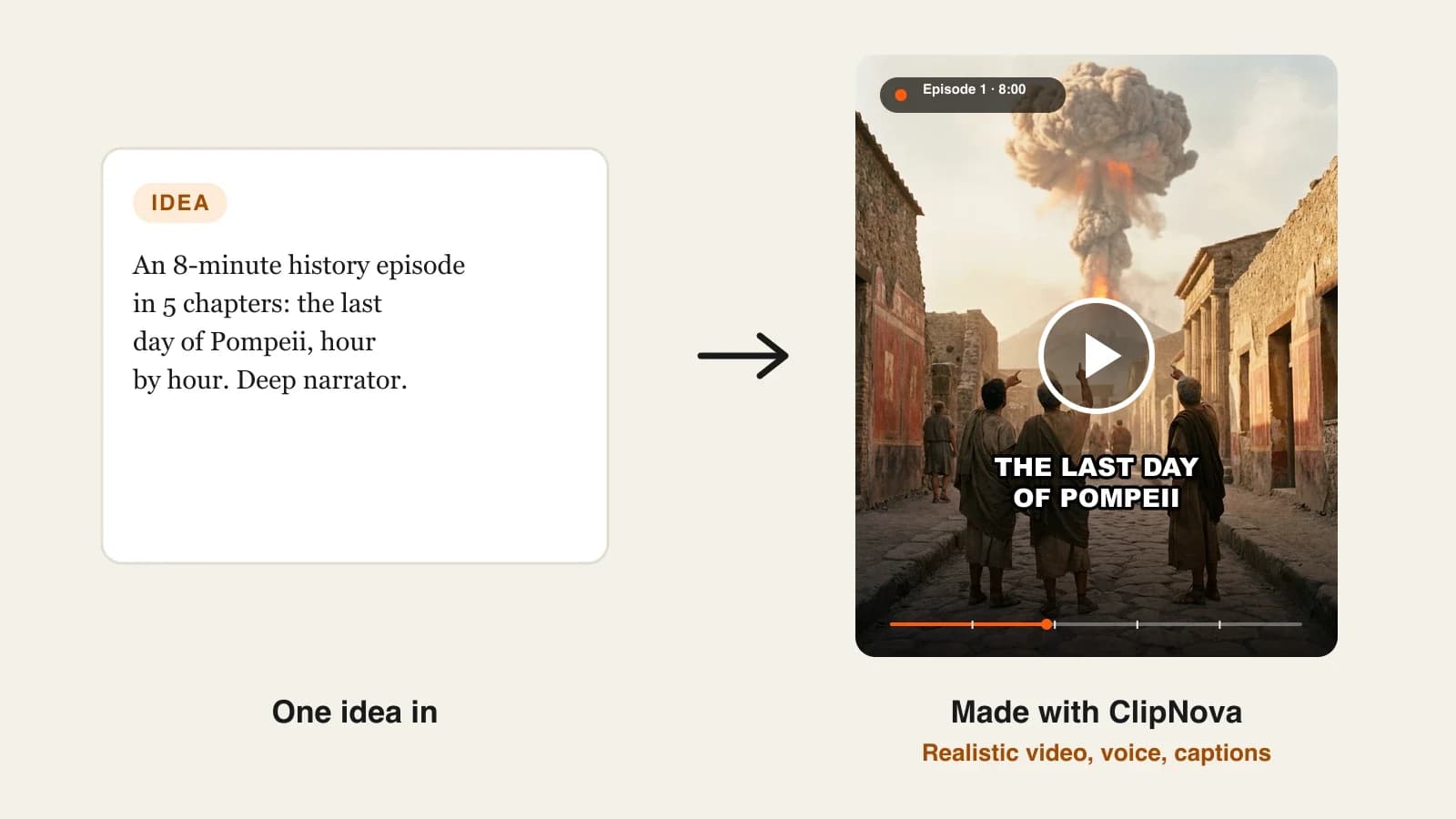 Best long form AI video generator: an 8-minute history episode on the last day of Pompeii with Vesuvius erupting