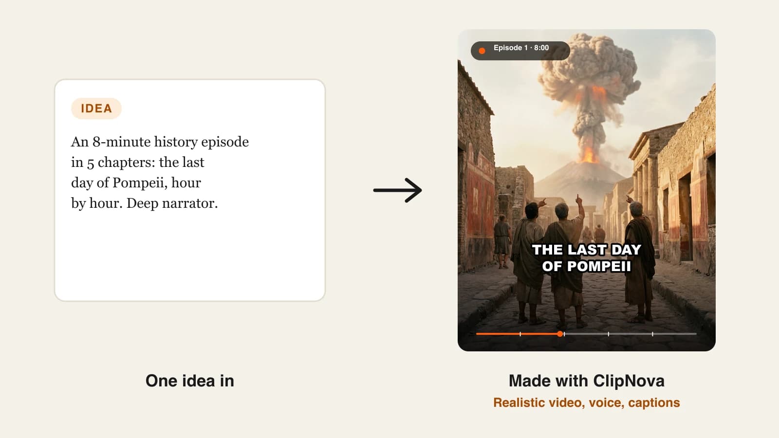 Best long form AI video generator: an 8-minute history episode on the last day of Pompeii with Vesuvius erupting