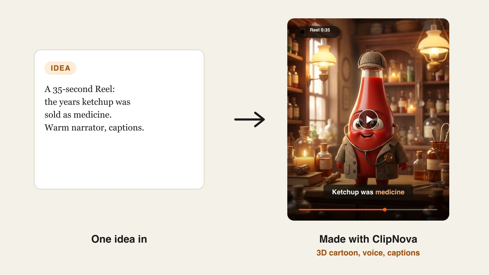 Instagram reels ideas: a ketchup bottle dressed as a doctor, a 3D cartoon Reel made with ClipNova