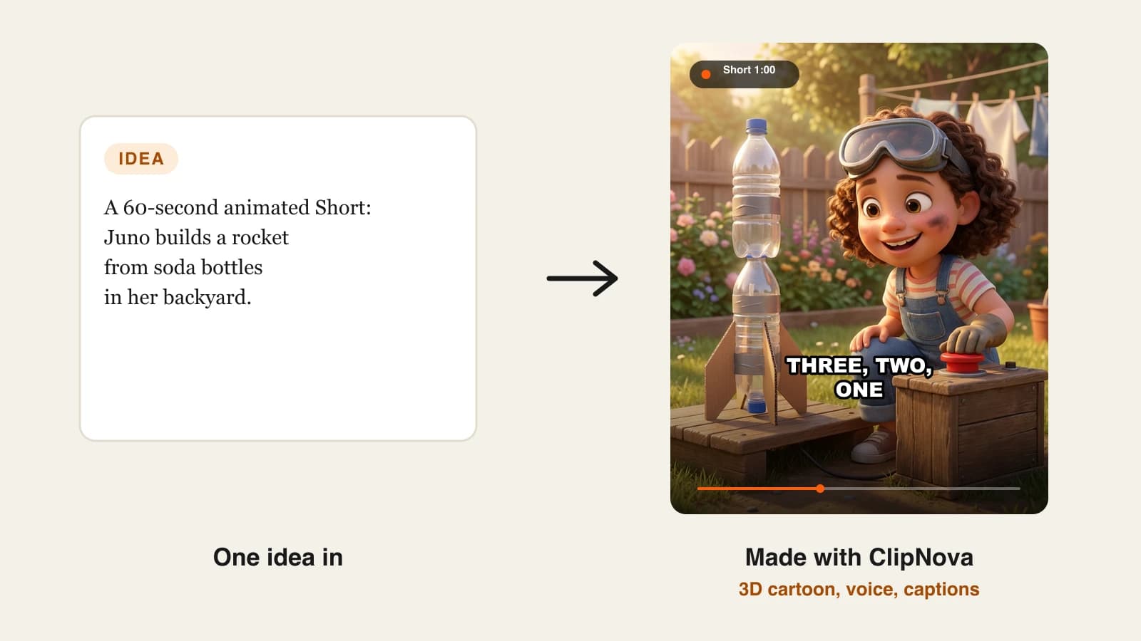 How to make AI animated videos: a 3D animated Short of a girl inventor launching a soda bottle rocket