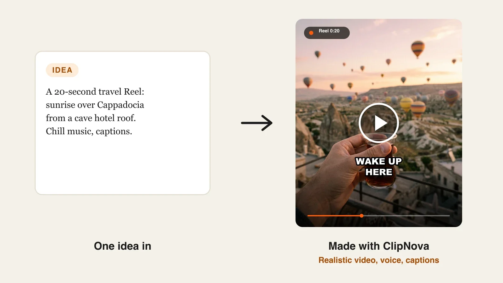 How to make faceless reels: a travel Reel of hot-air balloons over Cappadocia at sunrise, tea in hand