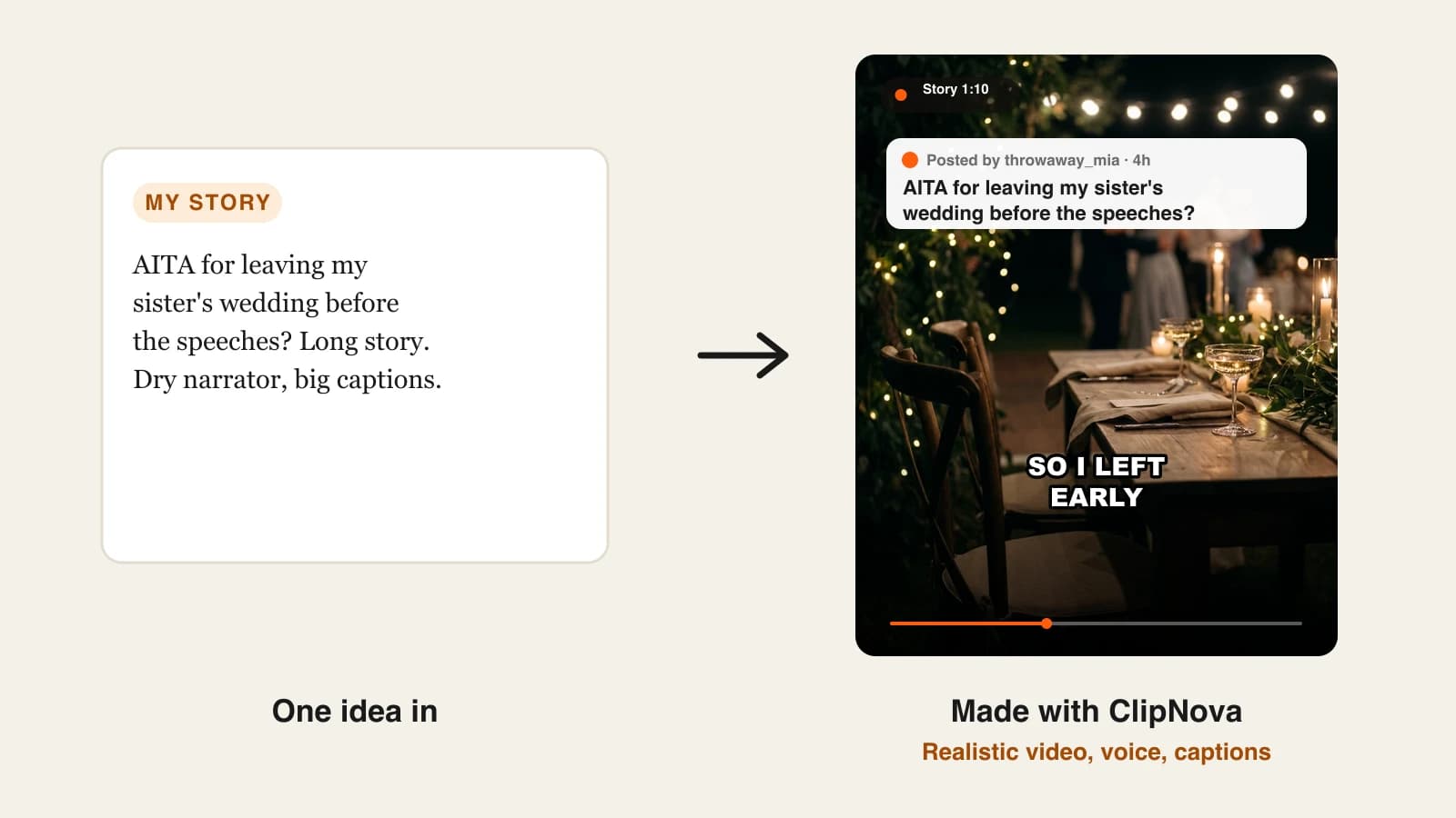 How to make reddit story videos: an AITA storytime video over an empty chair at a wedding table