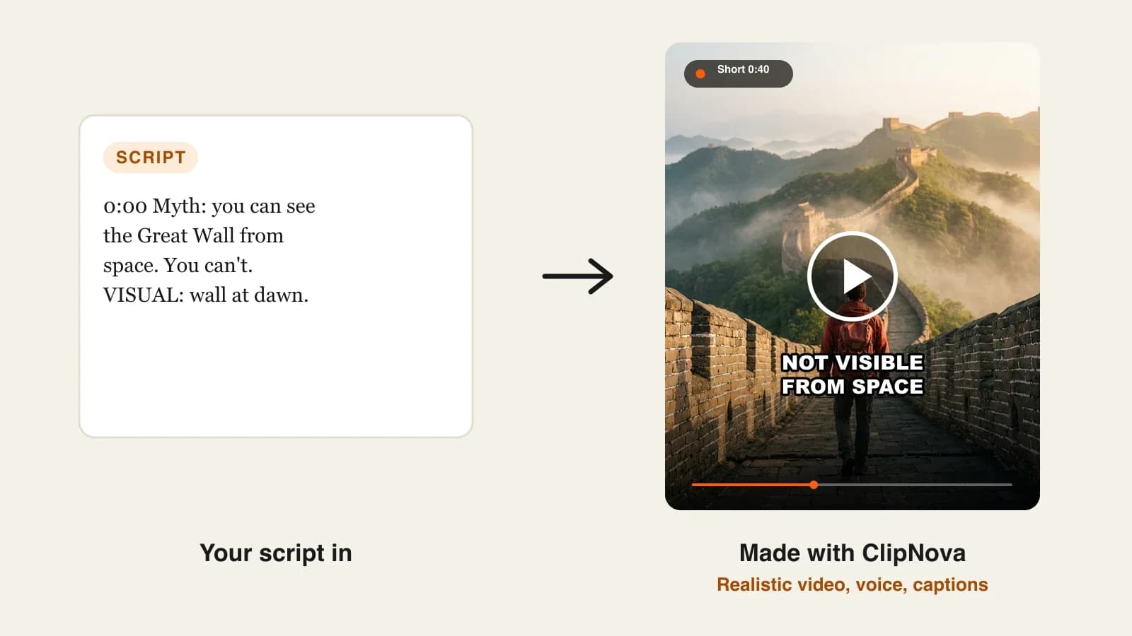 How to make YouTube Shorts with AI: a script line turned into a history fact Short of the Great Wall at sunrise