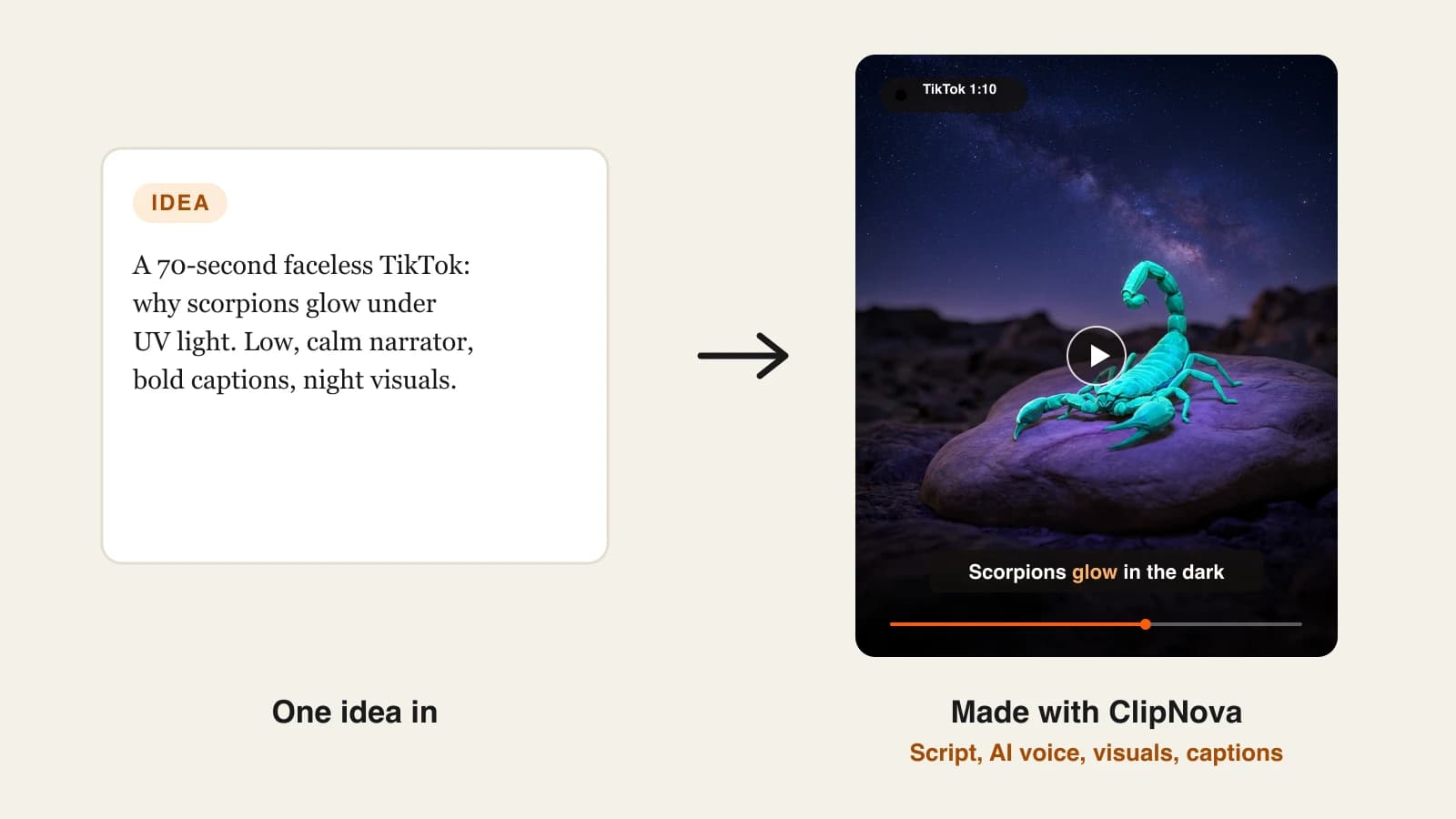 Faceless TikTok: a one-line idea about glowing scorpions turned into a captioned 70-second video made with ClipNova