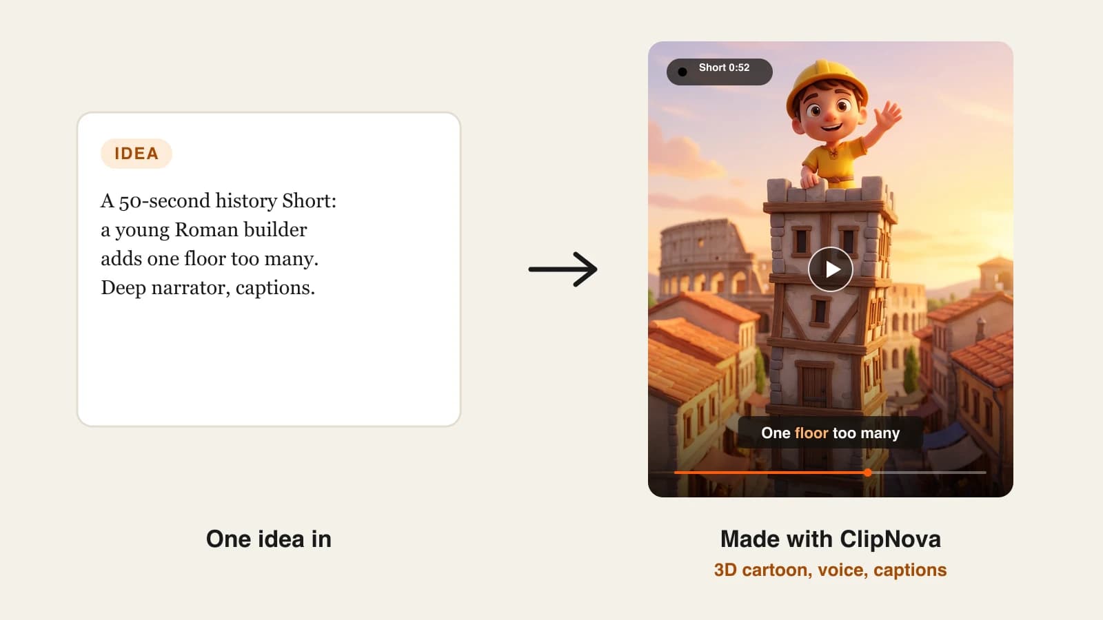 How to start a faceless YouTube channel: a 3D cartoon Roman builder Short made with ClipNova