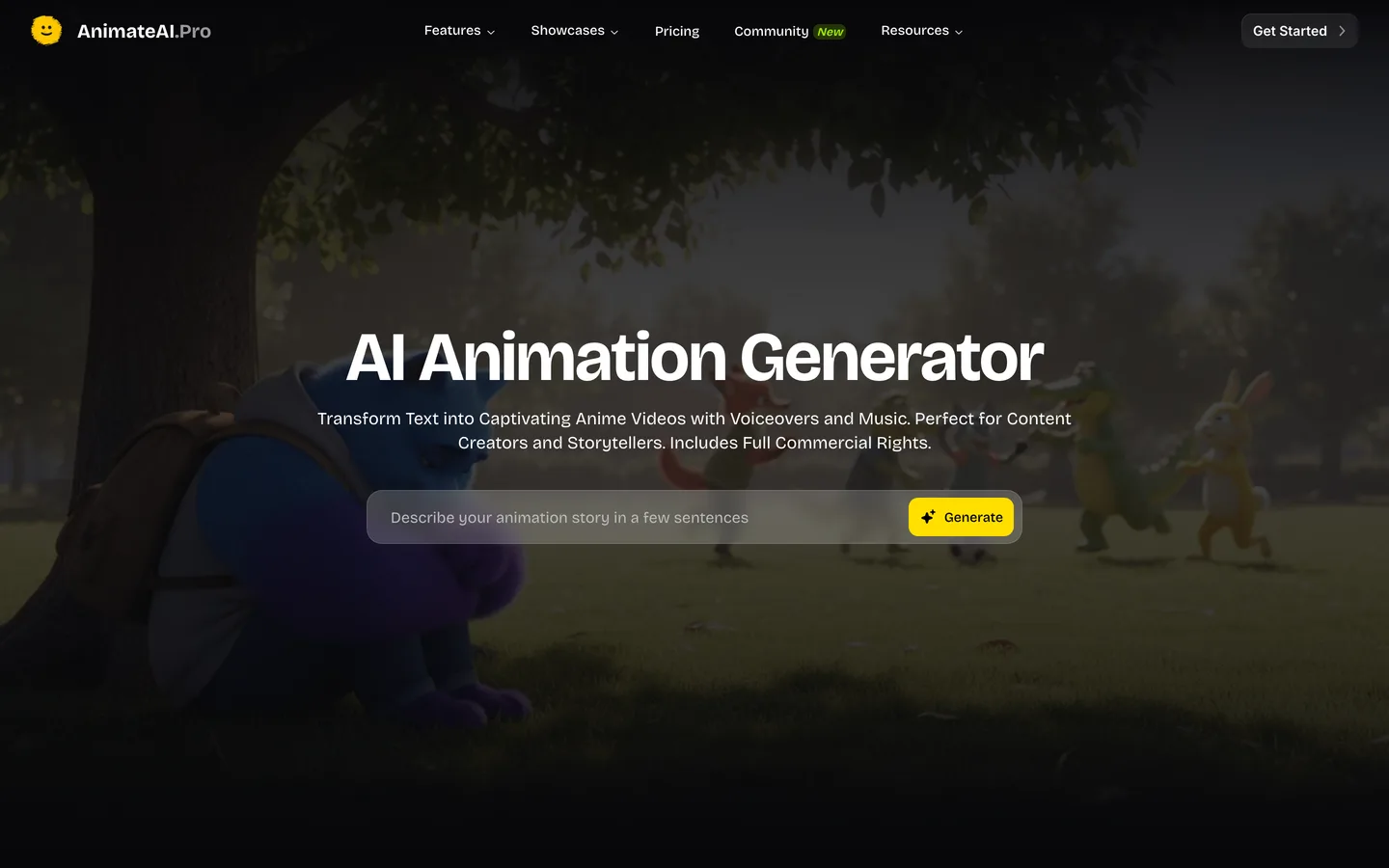 3D character animation tool AnimateAI: the AI Animation Generator page with a story prompt box