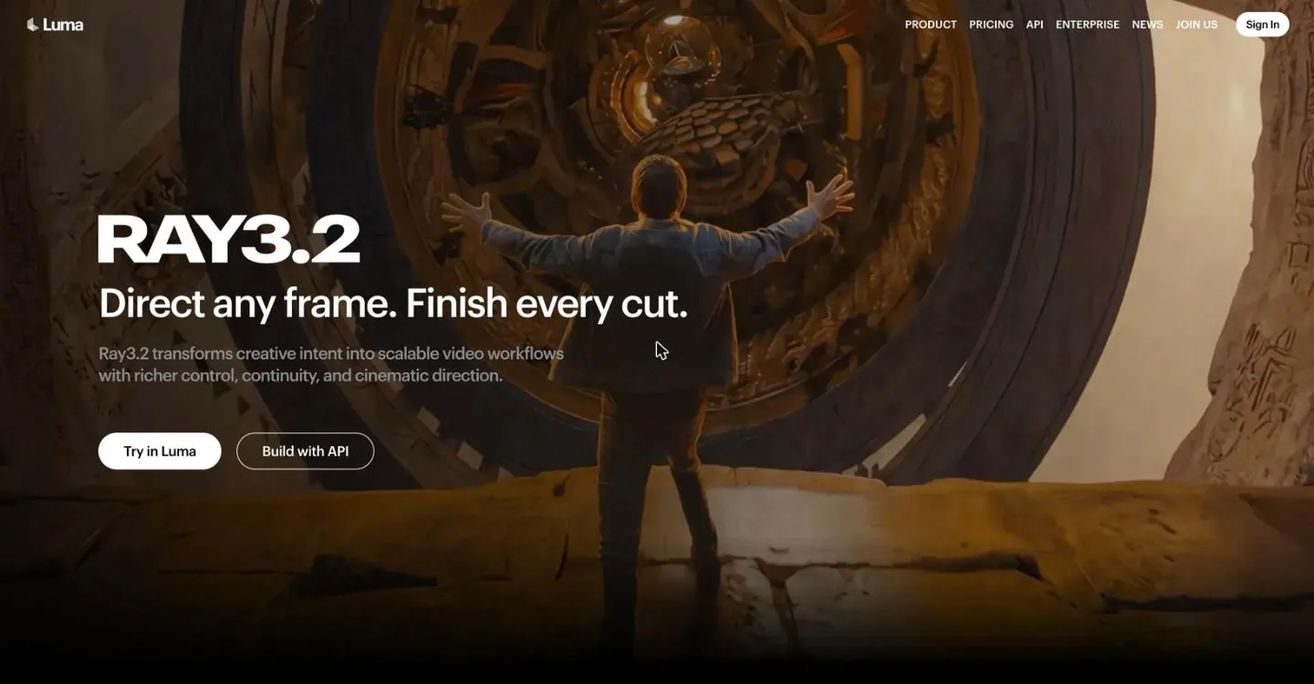 Cinematic 3D shot generator Luma: the Ray3.2 model page with a cinematic hero shot