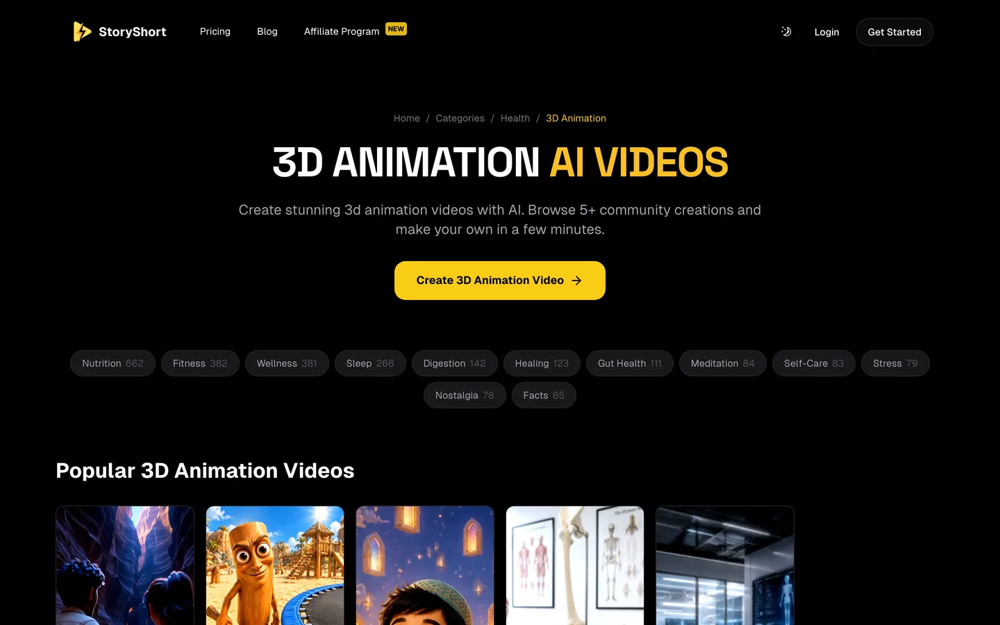 3D animation AI video series StoryShort: the 3D Animation AI Videos category page with community examples