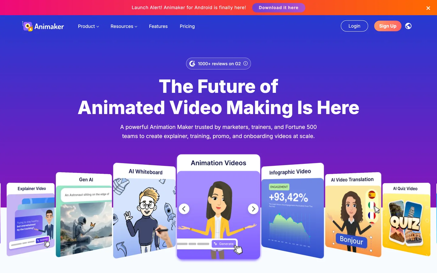 Cartoon animation tool Animaker: homepage with animation video, AI whiteboard, gen AI and explainer video style cards