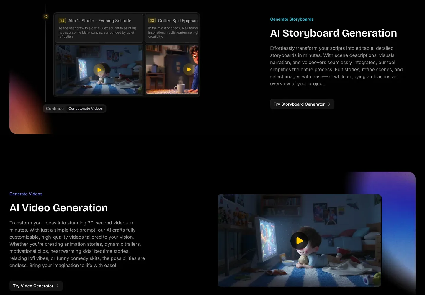 AI animated story generator AnimateAI: storyboard and video generation sections with 3D scenes