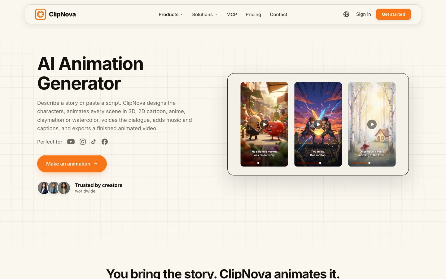 AI animation generator for creators ClipNova: tool page with 3D, anime and watercolor story frames