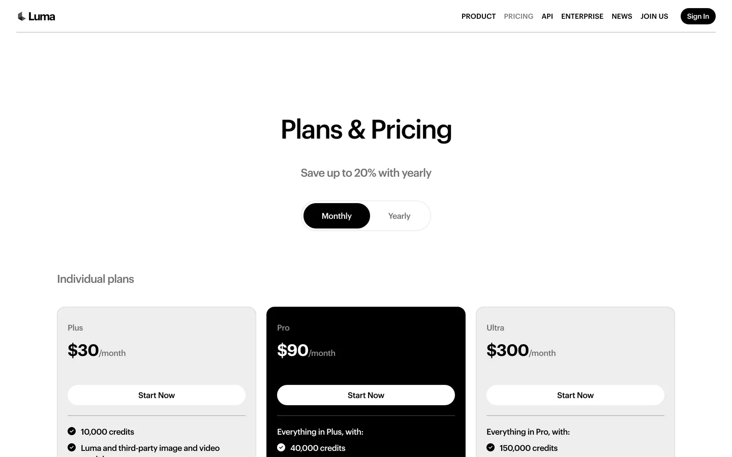 AI animation clip generator Luma: plans and pricing page with Plus, Pro and Ultra individual plans