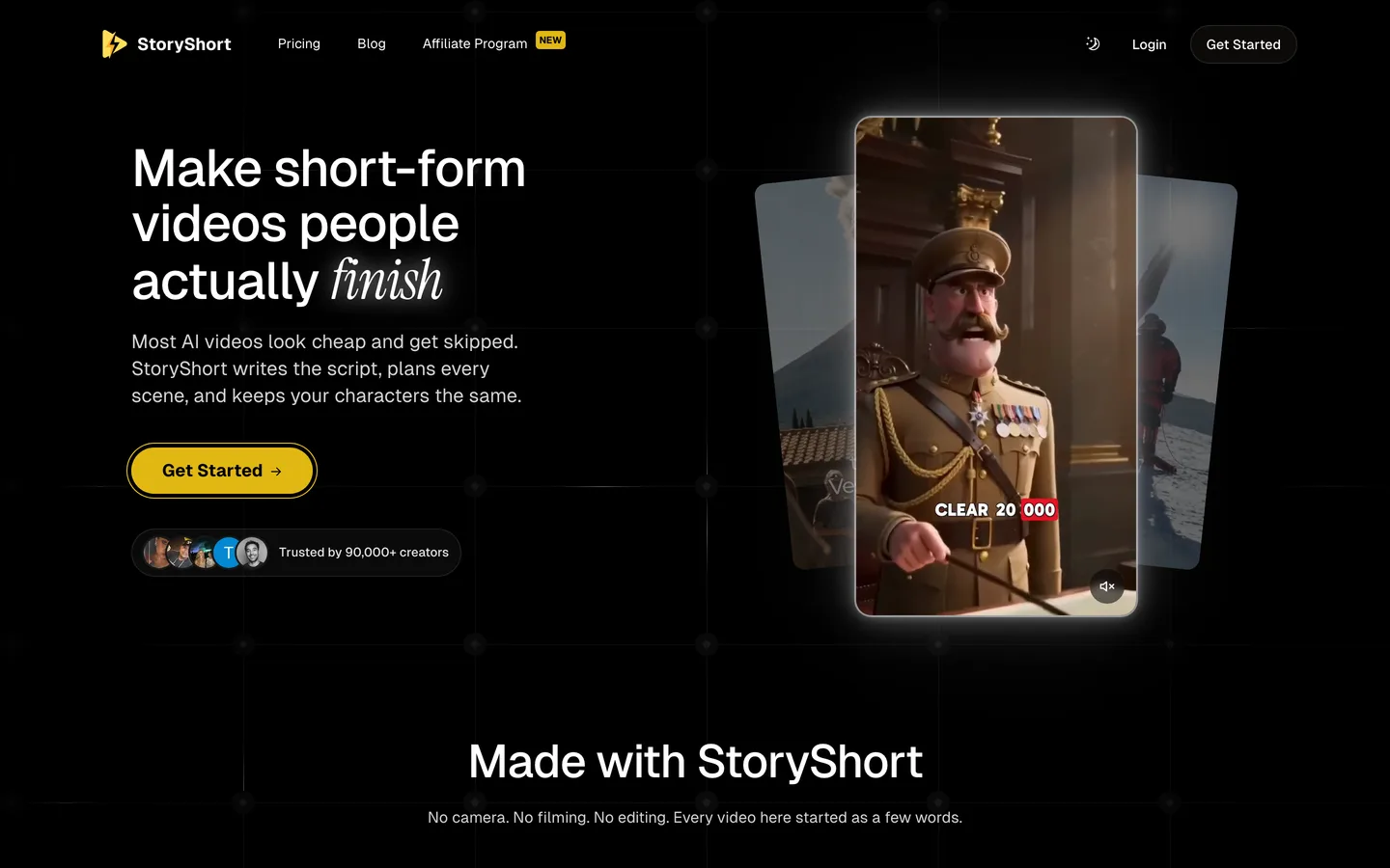 Animated video maker StoryShort: homepage with a 3D animated general in a vertical video