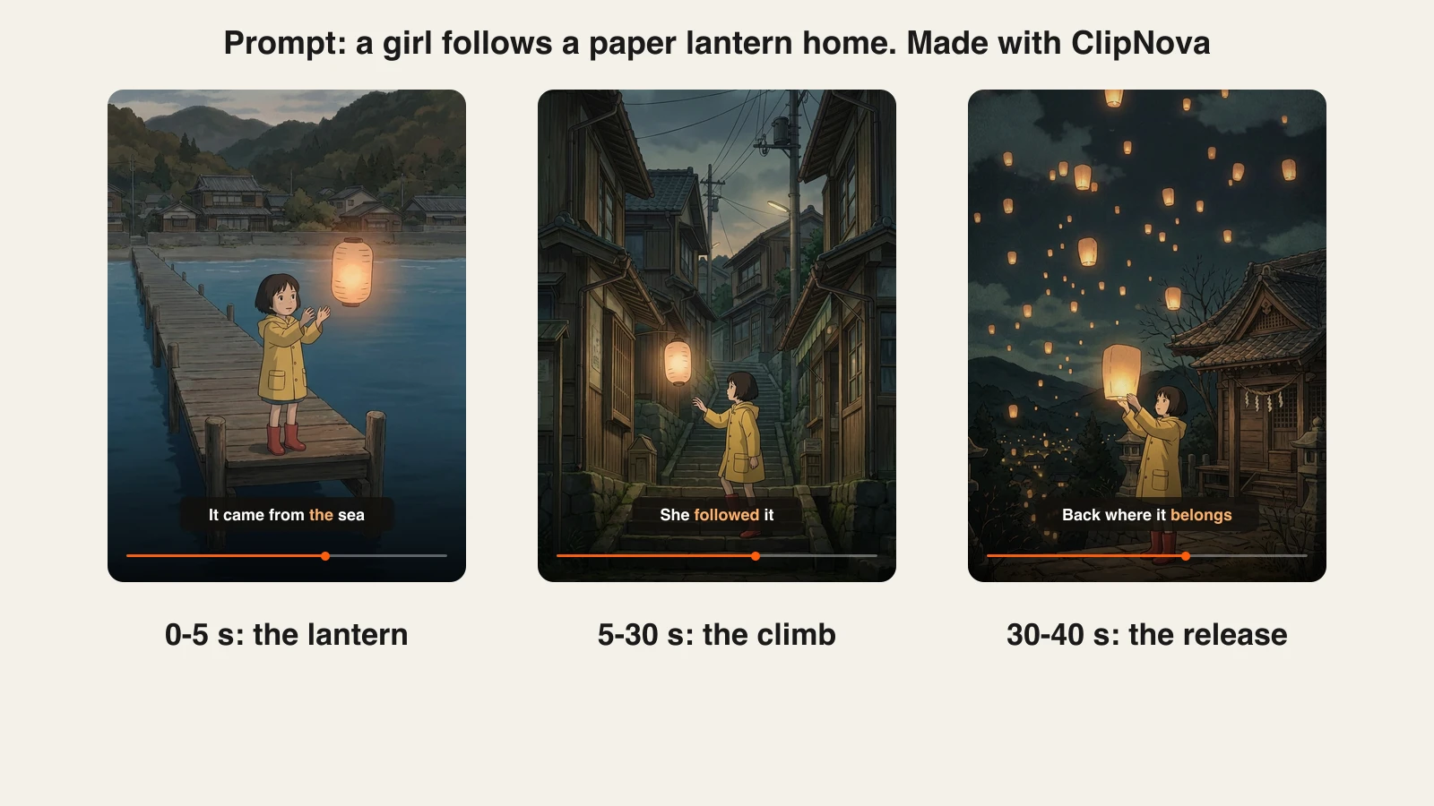 Anime AI video generator example: a paper lantern prompt and three vertical anime frames made with ClipNova