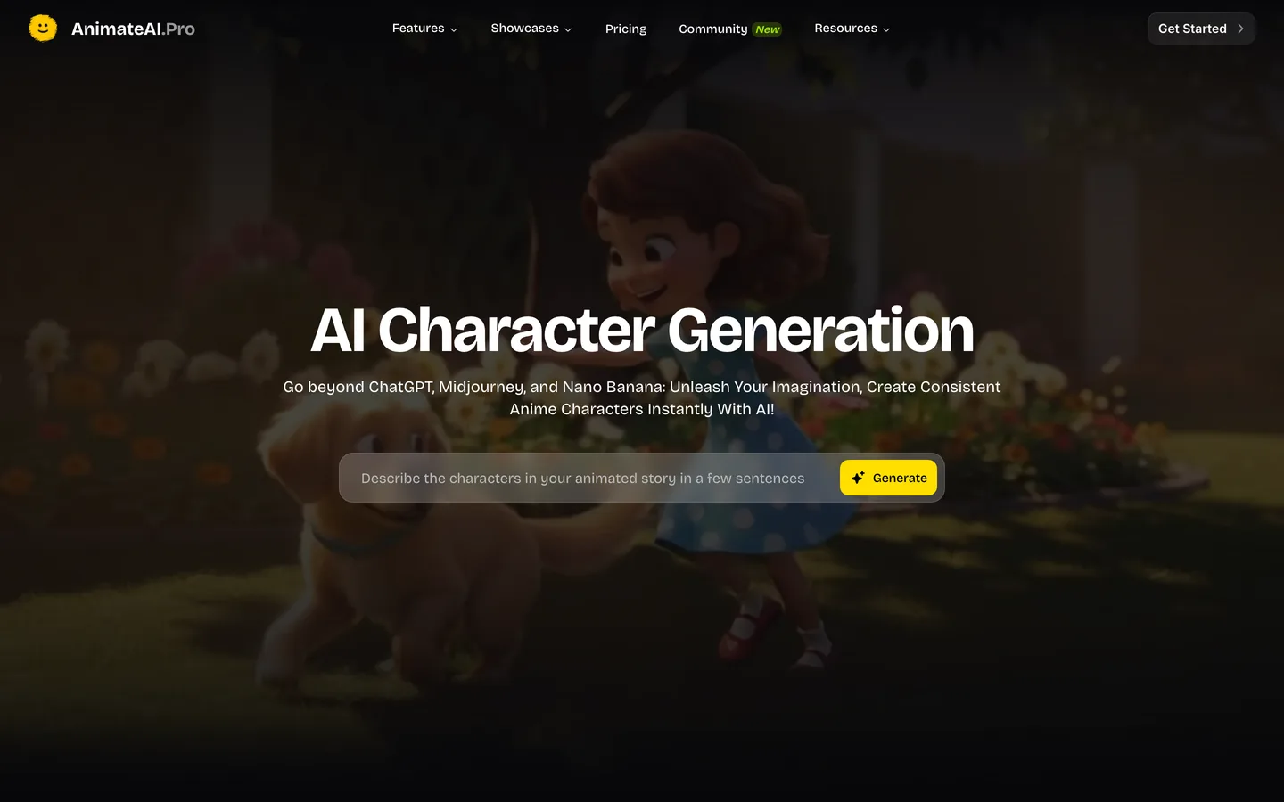 AI anime generator Animate AI: its character generation page with a prompt box for the characters in a story