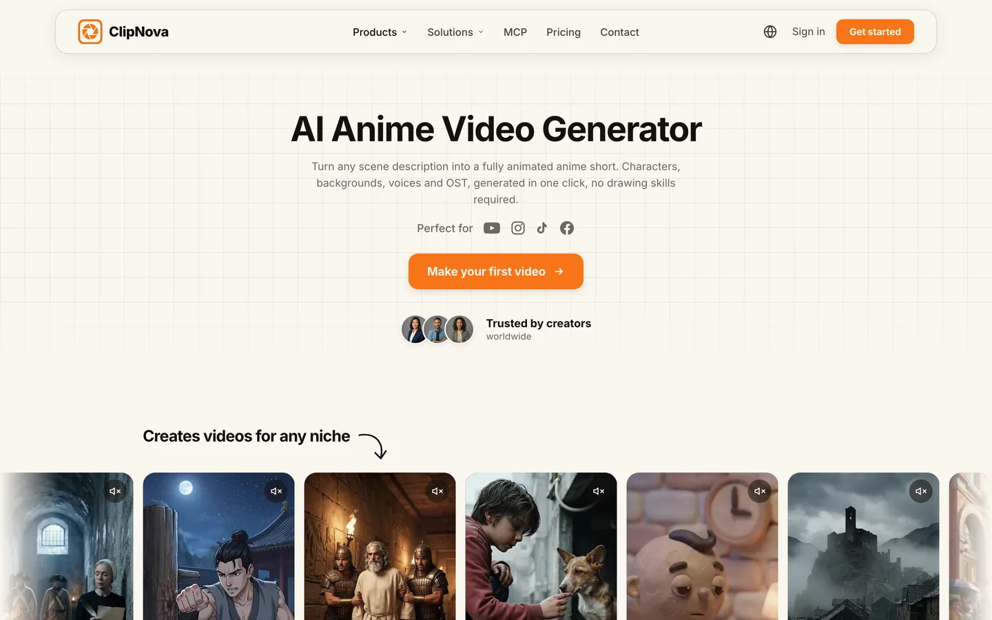 Best AI anime video generators ClipNova: its AI Anime Video Generator page with anime and story video examples