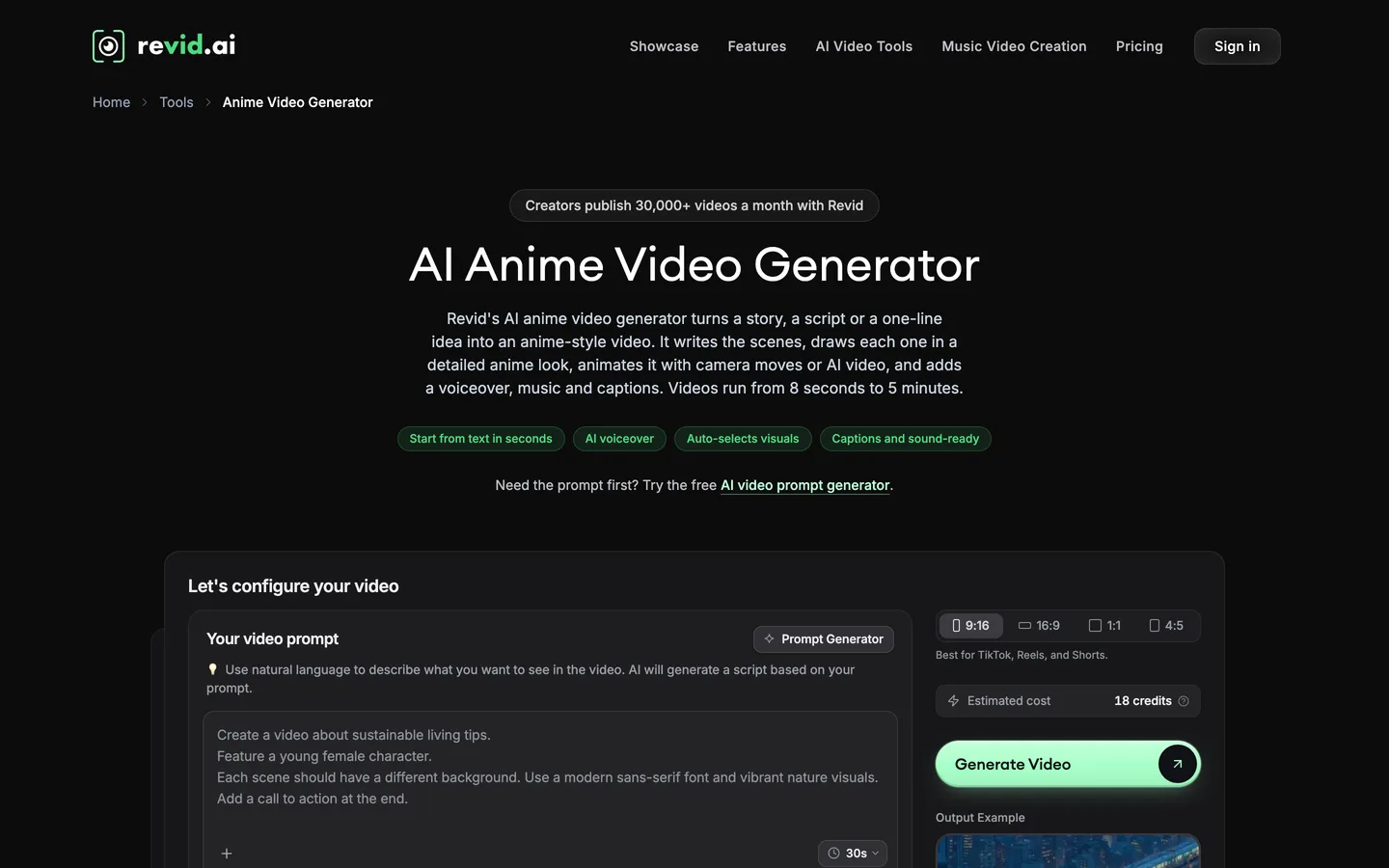 AI anime video maker Revid.ai: its anime video generator page with a prompt box and aspect ratio options
