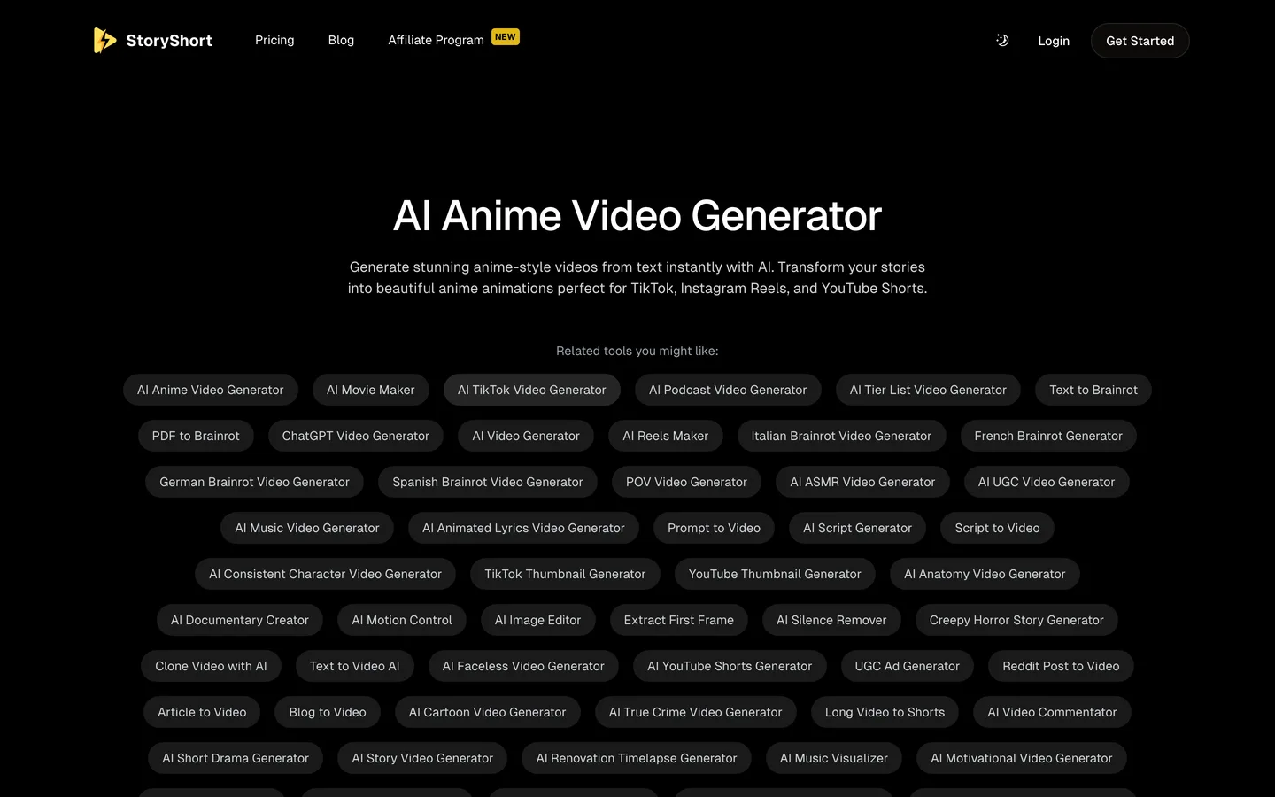 Anime video generator StoryShort: its AI anime video generator page and the list of related story tools