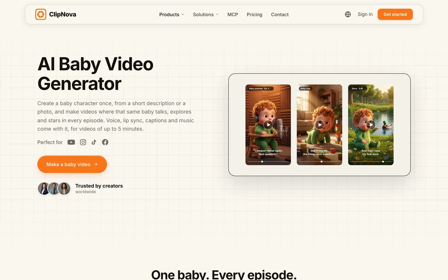 AI baby video generators ClipNova: the baby video page with a baby podcast, a baby vlog and a 3-minute story