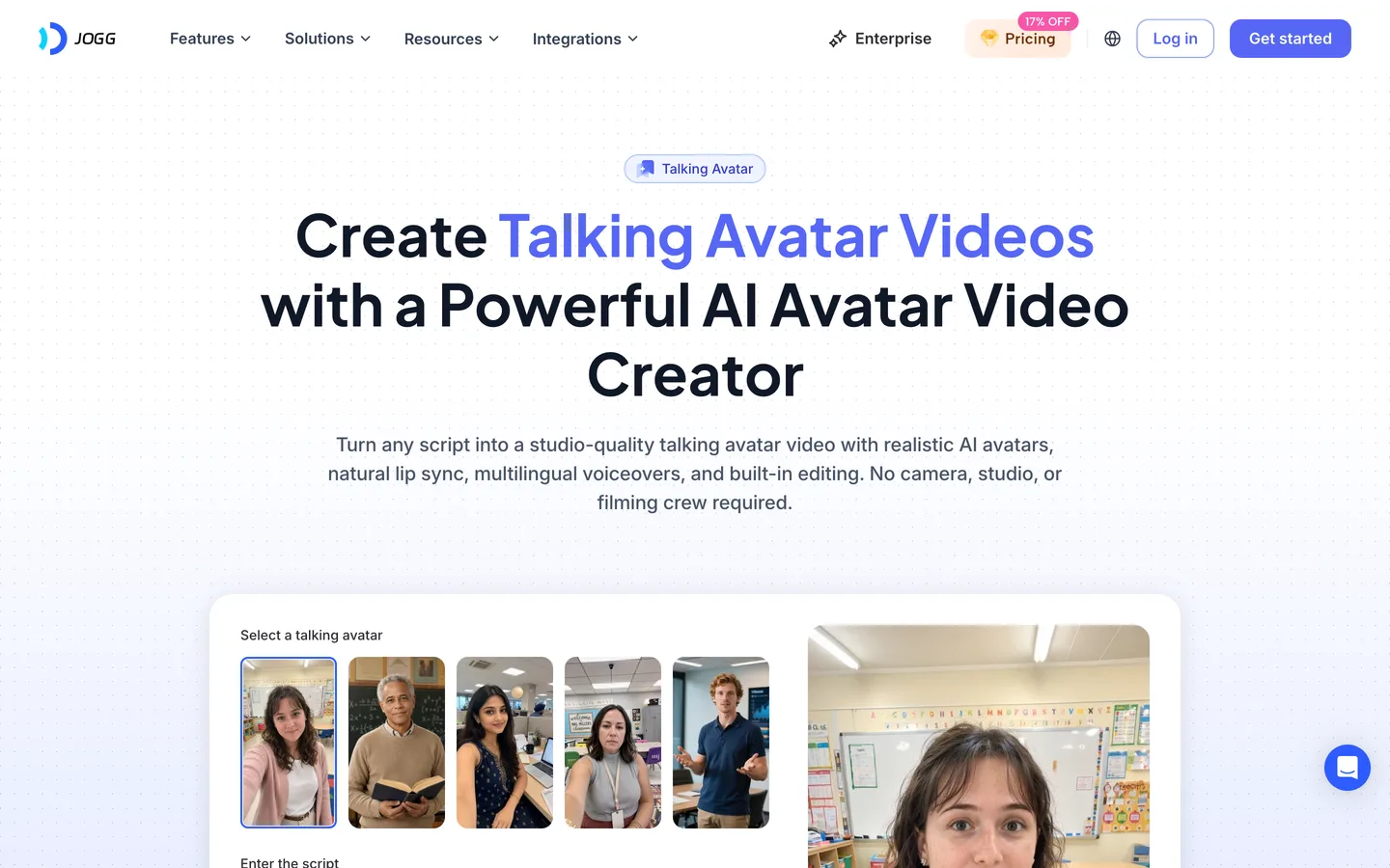 Baby podcast AI tool JoggAI: the talking avatar page with avatar choices and a script box