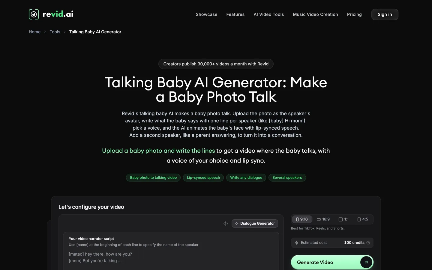 Talking baby AI generator Revid: the tool page with a two-speaker dialogue script and a 9:16 option