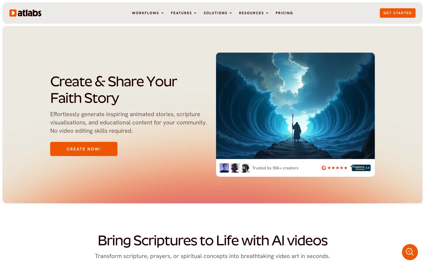 Religious video generator Atlabs: the faith story page with a cinematic scene of a figure walking between parted seas