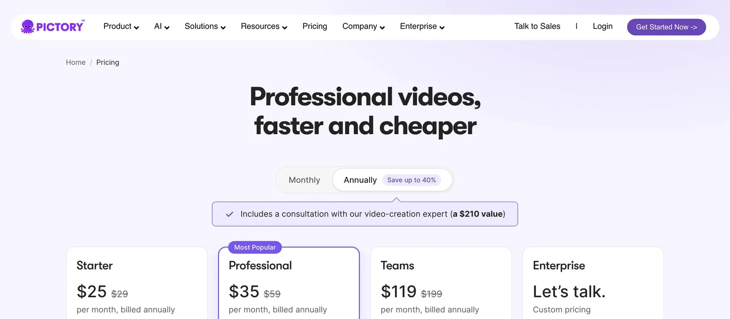 Bible verse video maker Pictory: the pricing page with Starter, Professional, Teams and Enterprise plans