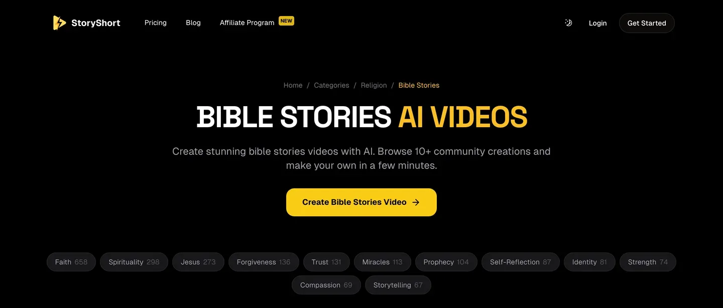 Bible stories AI video tool StoryShort: the Bible Stories category page with topic tags such as Faith, Jesus and Forgiveness