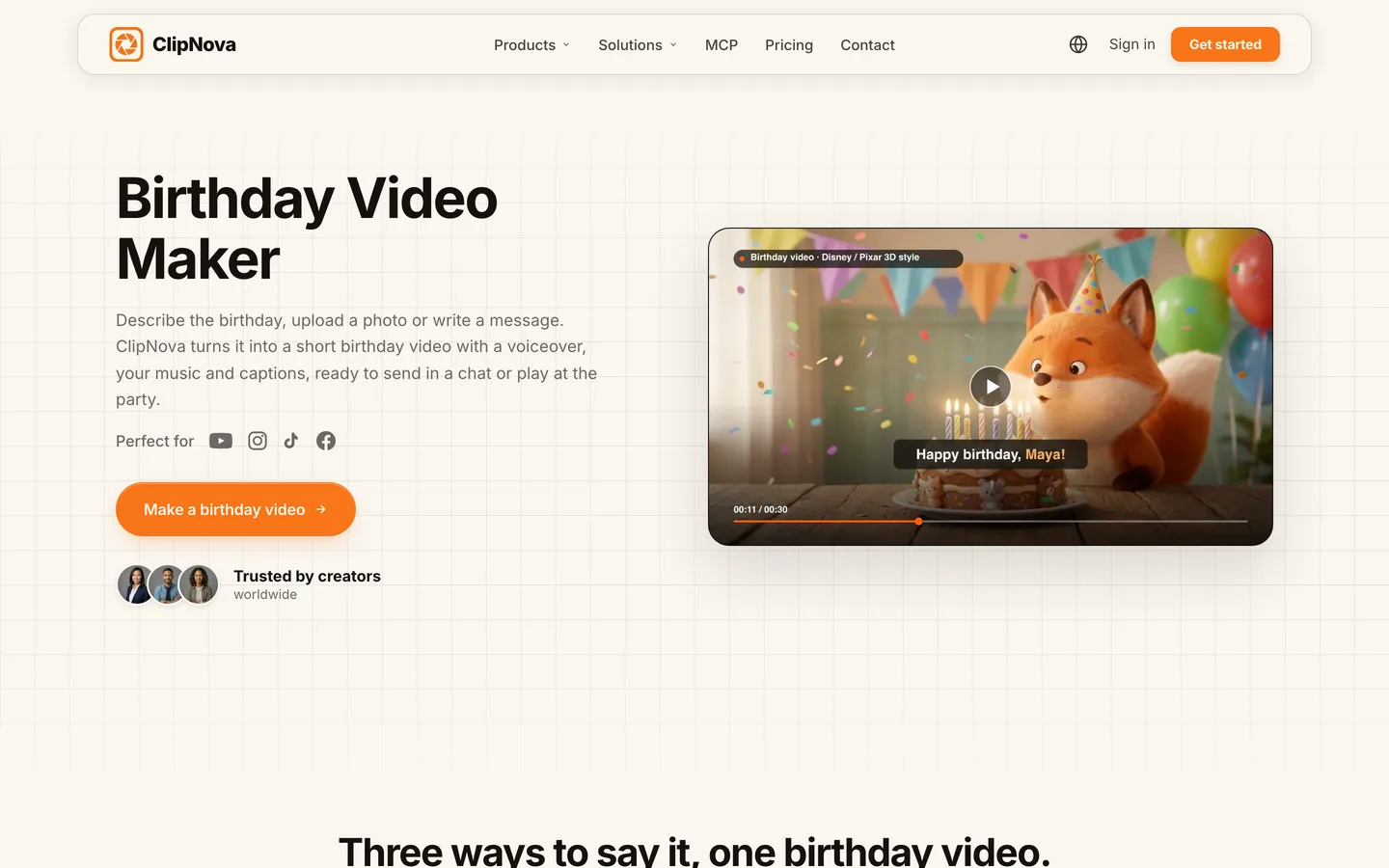 AI birthday video maker ClipNova: the Birthday Video Maker page with an animated 3D birthday card video