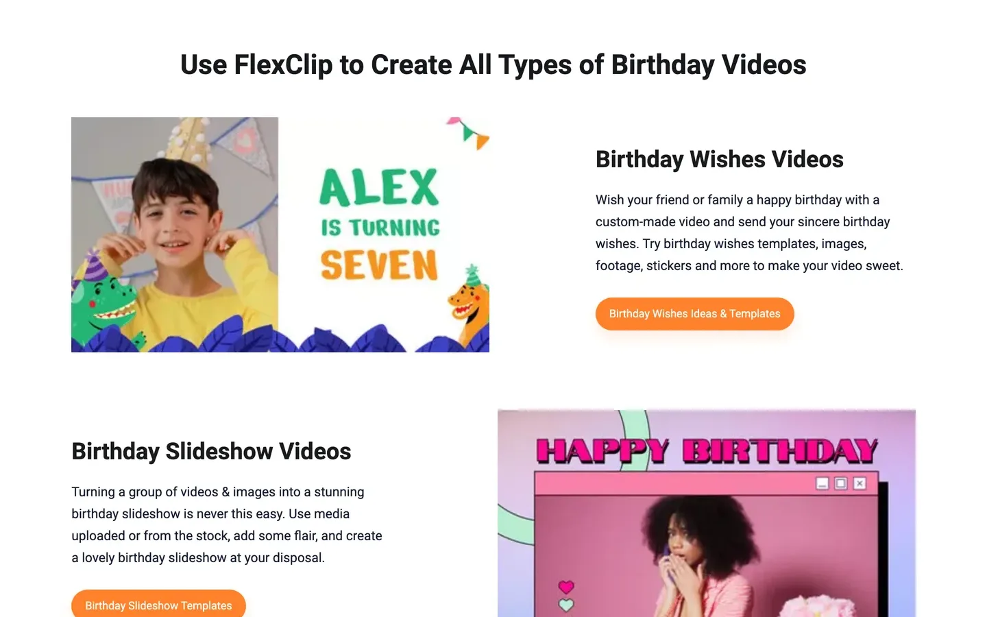 Birthday video maker FlexClip: birthday wishes and slideshow template examples with a child's name and age