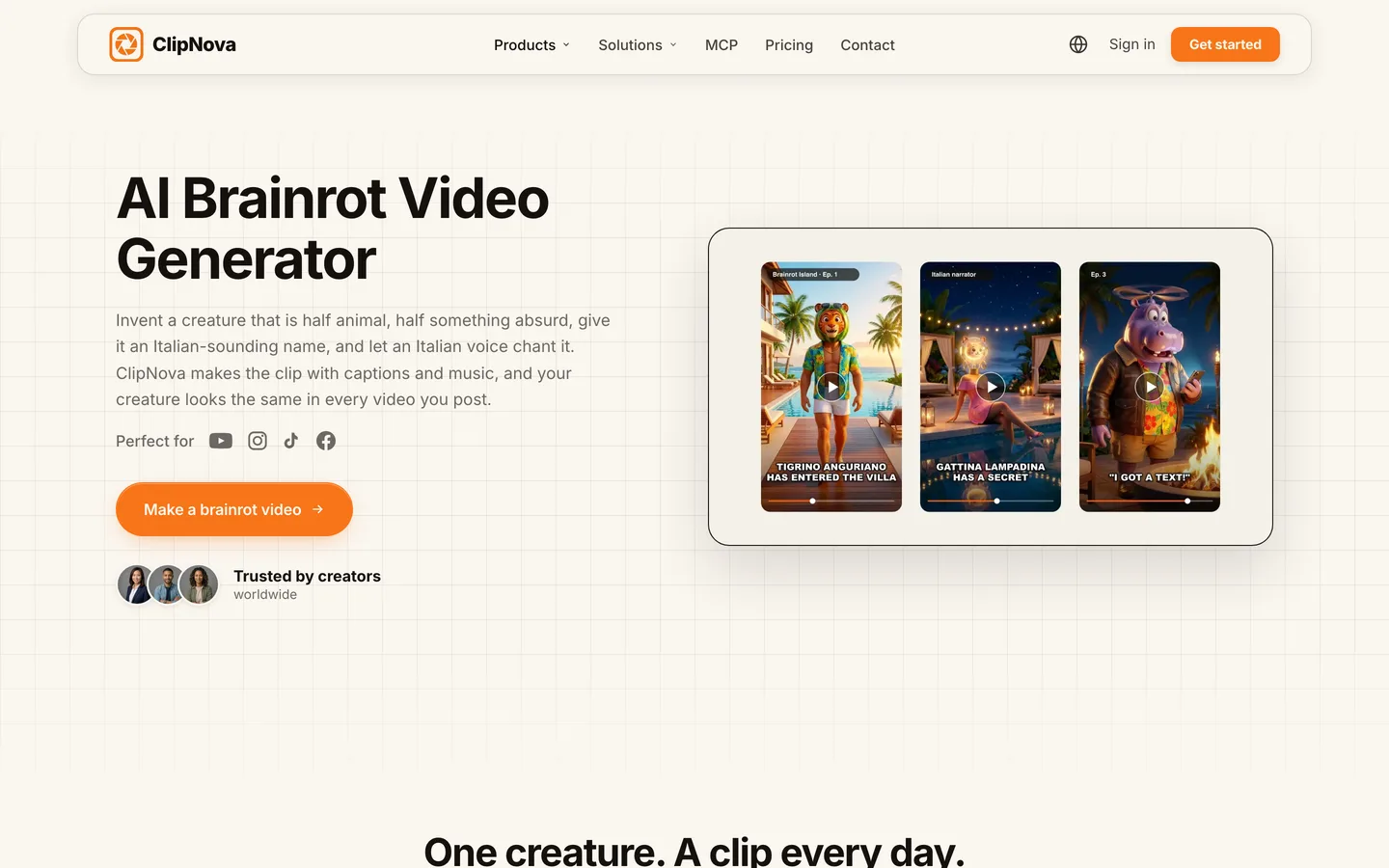 AI brainrot video generator ClipNova: the brainrot page with three Brainrot Island reality-show reels and captions