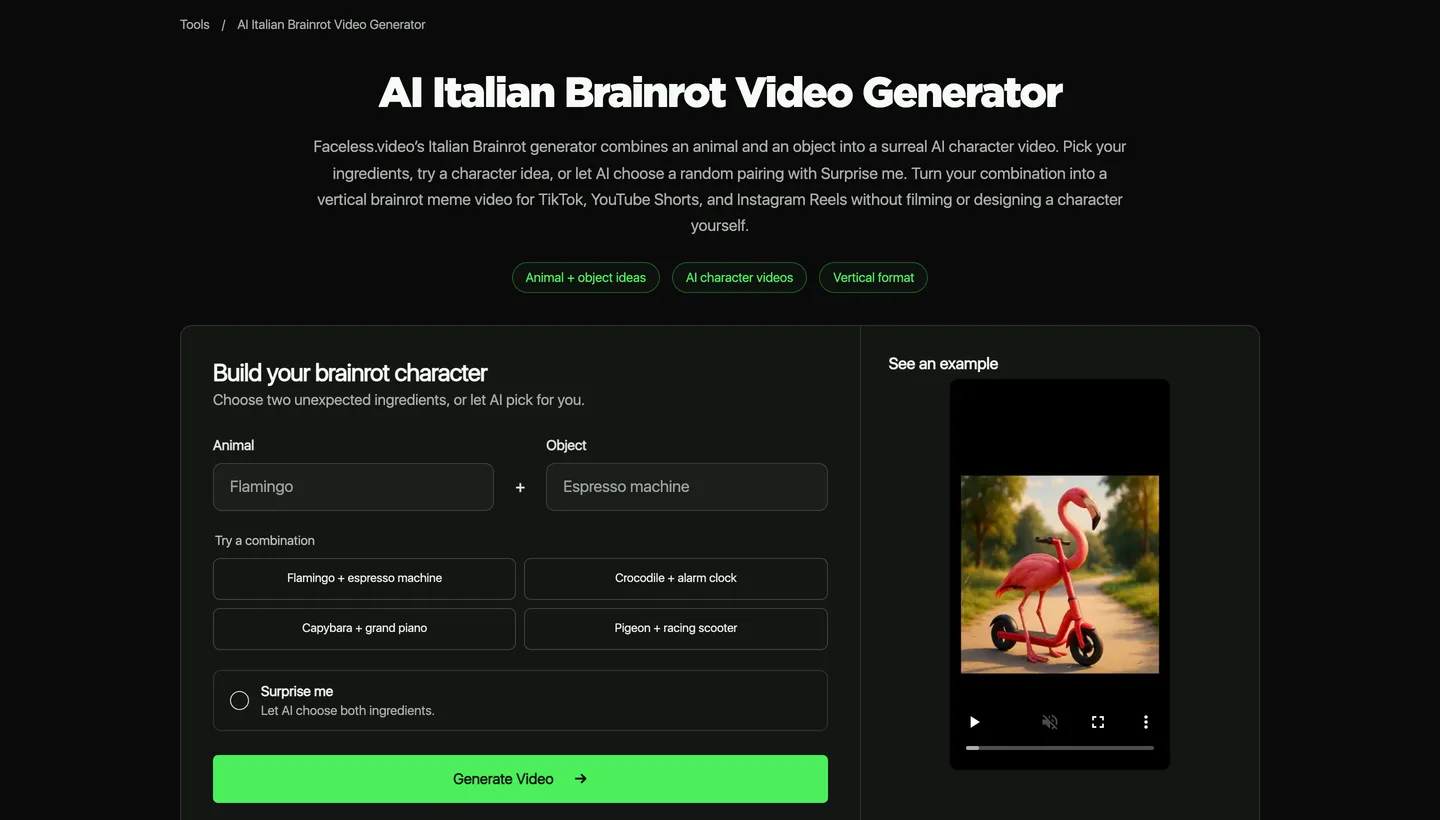 Brainrot creature generator Faceless.video: the Italian brainrot tool with animal and object fields and a flamingo example