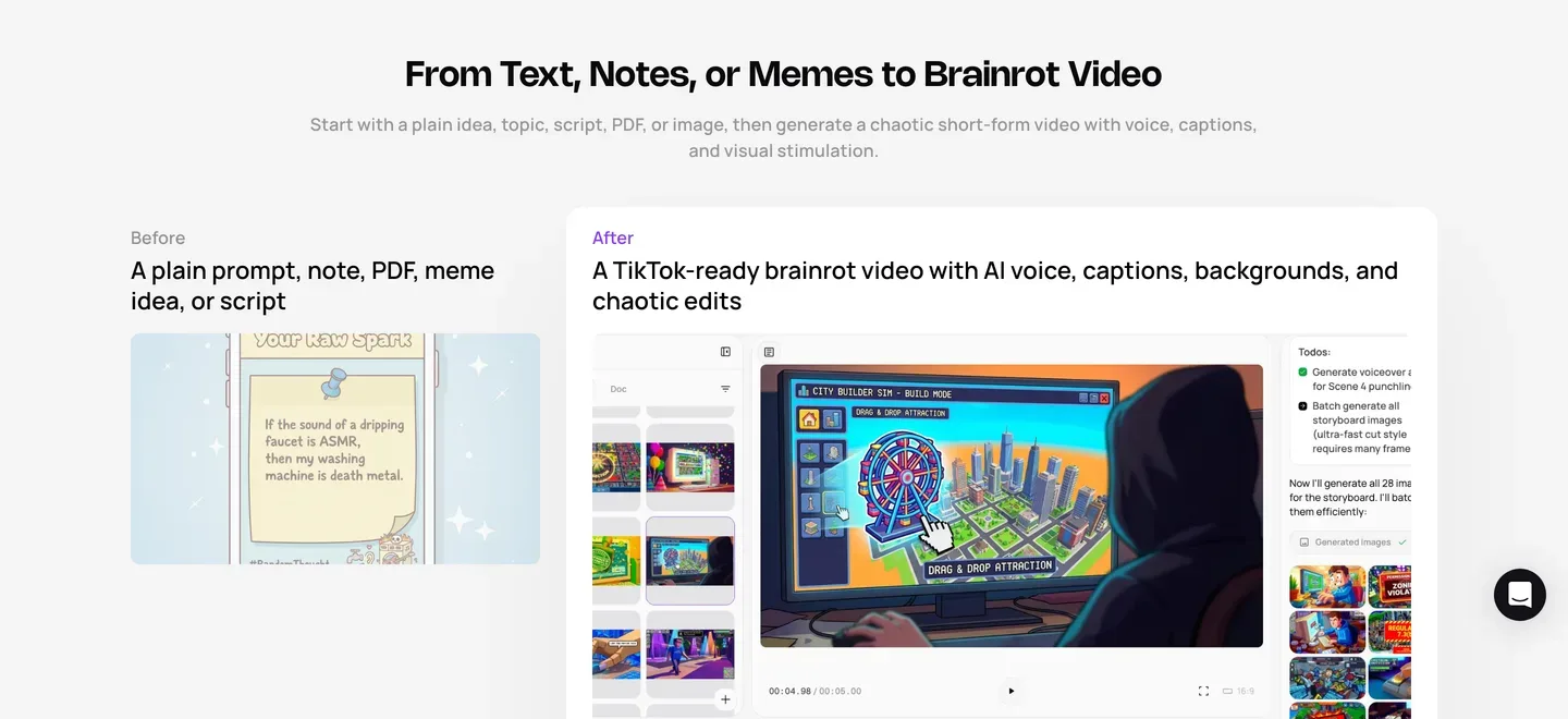 Gameplay brainrot generator Medeo: before and after section turning a note into a brainrot video with voice and captions